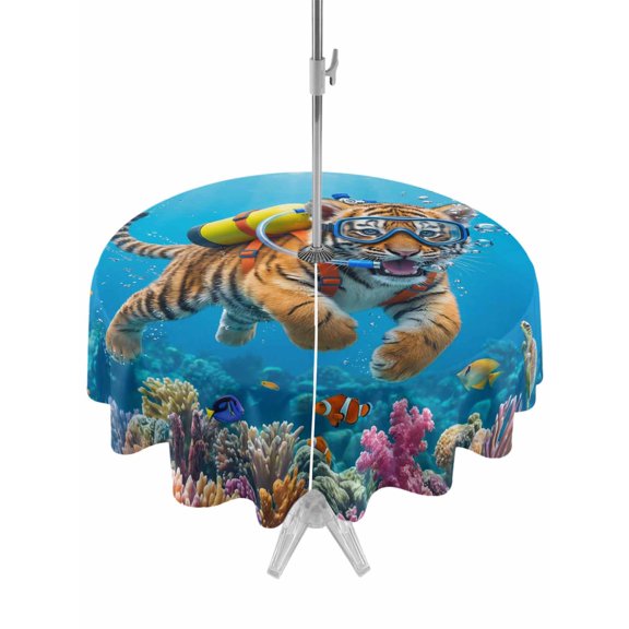 Outdoor Tablecloths with Umbrella Hole & Zipper, Funny Diving Tiger Round Tablecloth 54 Inch, Ocean Sea Coastal Coral Fish Marine Life Waterproof Table Cloth, Patio/Pool/Picnic Table Covers