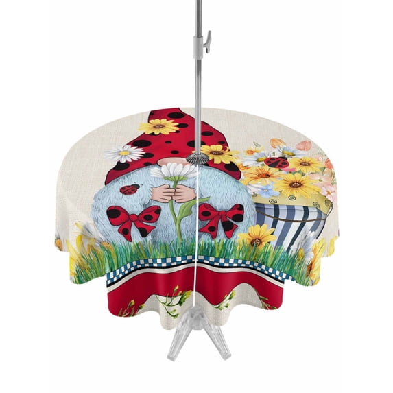 Outdoor Tablecloths with Umbrella Hole & Zipper, Gnomes Flowers Round Tablecloths 60 Inch, Spring Farmhouse Botanical Floral Striped Waterproof Table Cloth, Patio/Pool/Picnic Table Covers