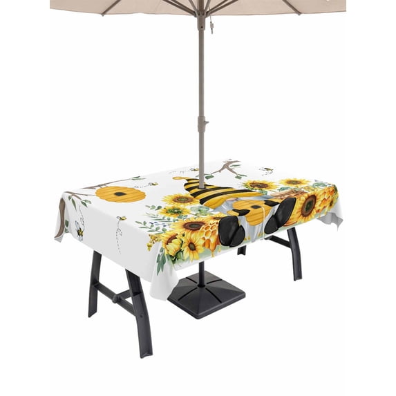 Outdoor Tablecloths with Umbrella Hole & Zipper, Gnomes Sunflower 54x80 Inch Tablecloth Rectangle, Bees Branches Floral Farmhouse Waterproof Table Cloth, Patio/Pool/Picnic Table Covers