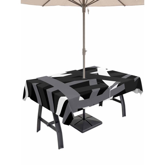 Outdoor Tablecloths with Umbrella Hole & Zipper, Gray Black Geometric 60 x102 Inch Rectangle Tablecloths, Modern Art Abstract Grey Line Waterproof Table Cloth, Patio/Pool/Picnic Table Covers