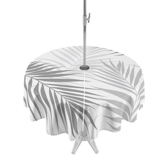 Outdoor Tablecloths with Umbrella Hole & Zipper, Gray Palm Leaf Round Tablecloths 60 Inch, Tropical Botanical Leaves Minimalist Waterproof Table Cloth, Patio/Pool/Picnic Table Covers
