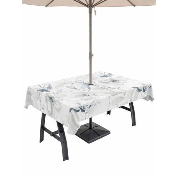 Outdoor Tablecloths with Umbrella Hole & Zipper, Green Beige Spring Floral Rectangle Tablecloth 60x120 Inch, Luxury Botanical Summer Waterproof Table Cloth, Patio/Pool/Picnic Table Covers