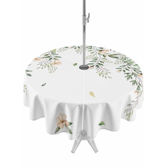 Outdoor Tablecloths with Umbrella Hole & Zipper, Green Eucalyptus Leaves Round Tablecloth 54 Inch, Spring Floral Weeping Farmhouse Waterproof Table Cloth, Patio/Pool/Picnic Table Covers