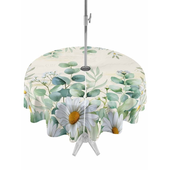 Outdoor Tablecloths with Umbrella Hole & Zipper, Green Eucalyptus Leaves Round Tablecloths 60 Inch, Daisy Summer Botanical Farmhouse Waterproof Table Cloth, Patio/Pool/Picnic Table Covers