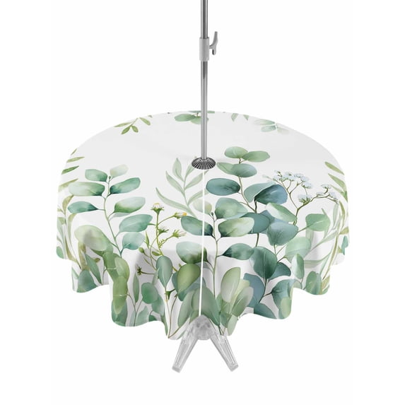 Outdoor Tablecloths with Umbrella Hole & Zipper, Green Eucalyptus Leaves Round Tablecloths 60 Inch, Watercolor Spring Summer Botanical Waterproof Table Cloth, Patio/Pool/Picnic Table Covers