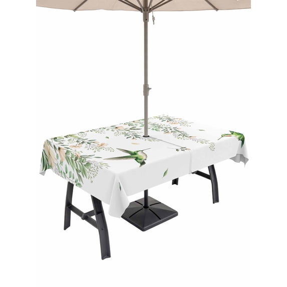 Outdoor Tablecloths with Umbrella Hole & Zipper, Green Eucalyptus Leaves Tablecloth Rectangle 60x84 Inch, Birds Flowers Spring Watercolor Floral Waterproof Table Cloth, Patio/Pool Table Covers