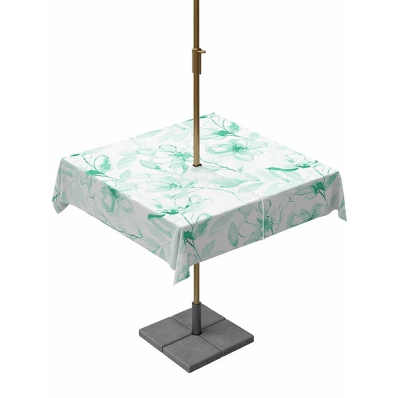 Outdoor Tablecloths with Umbrella Hole & Zipper, Green Flower 60x60 Inch Square Tablecloths, Watercolor Floral Botanical Line Drawing Print Waterproof Table Cloth, Patio/Pool/Picnic Table Covers