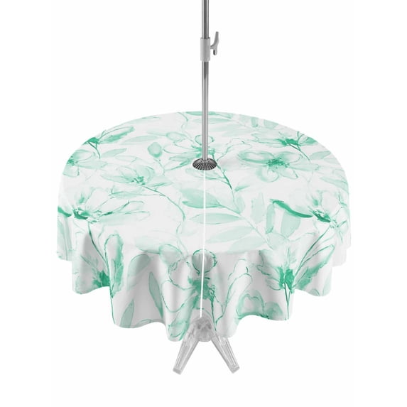 Outdoor Tablecloths with Umbrella Hole & Zipper, Green Flower Round Tablecloths 60 Inch, Watercolor Floral Botanical Line Drawing Print Waterproof Table Cloth, Patio/Pool/Picnic Table Covers
