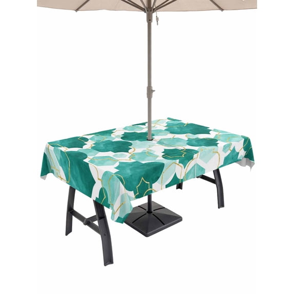 Outdoor Tablecloths with Umbrella Hole & Zipper, Green Geometric Moroccan Rectangle Tablecloth 60x120 Inch, Abstract Art Teal Ombre Modern Waterproof Table Cloth, Patio/Pool/Picnic Table Covers