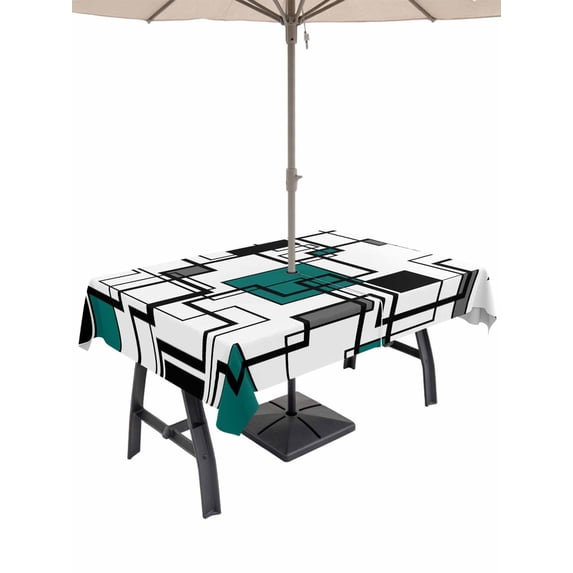 Outdoor Tablecloths with Umbrella Hole & Zipper, Green Geometric Rectangle Tablecloth 60x120 Inch, Modern Black Grey Abstract Motifs Waterproof Table Cloth, Patio/Pool/Picnic Table Covers