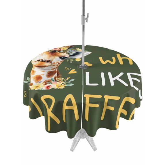 Outdoor Tablecloths with Umbrella Hole & Zipper, Green Giraffe Round Tablecloth 54 Inch, Love Heart Spring Floral Botanical Waterproof Table Cloth, Patio/Pool/Picnic Table Covers
