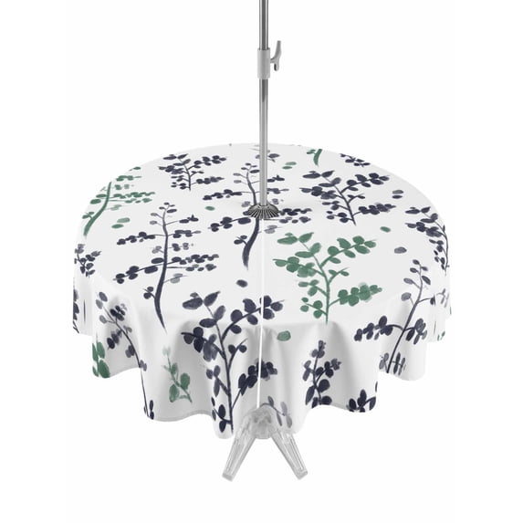 Outdoor Tablecloths with Umbrella Hole & Zipper, Green Grey Botanical Round Tablecloth 54 Inch, Watercolor Spring Floral Summer Leaf Waterproof Table Cloth, Patio/Pool/Picnic Table Covers