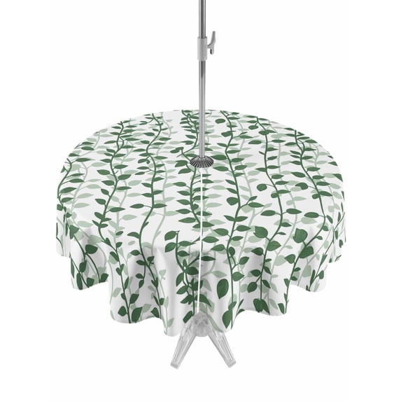 Outdoor Tablecloths with Umbrella Hole & Zipper, Green Ivy Leaves Round Tablecloths 60 Inch, Spring Plants Botanical Modern Country Waterproof Table Cloth, Patio/Pool/Picnic Table Covers