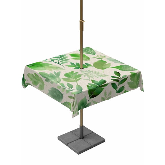 Outdoor Tablecloths with Umbrella Hole & Zipper, Green Leaves 54x54 Inch Square Tablecloths, Spring Plants Rustic Vintage Botanical Waterproof Table Cloth, Patio/Pool/Picnic Table Covers