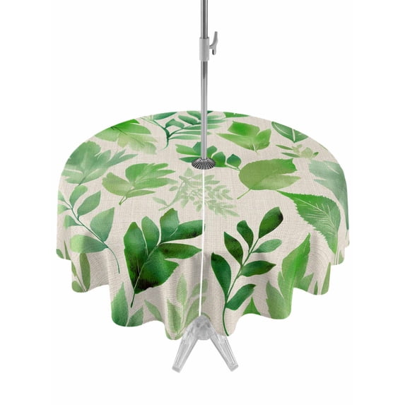 Outdoor Tablecloths with Umbrella Hole & Zipper, Green Leaves Round Tablecloth 54 Inch, Spring Plants Rustic Vintage Botanical Waterproof Table Cloth, Patio/Pool/Picnic Table Covers