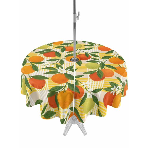 Outdoor Tablecloths with Umbrella Hole & Zipper, Green Orange Round Tablecloth 54 Inch, Summer Botanical Leaves Watercolor Checkered Waterproof Table Cloth, Patio/Pool/Picnic Table Covers