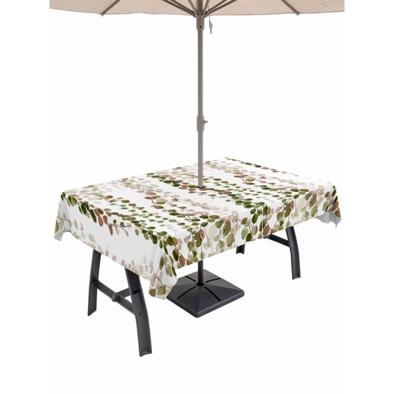 Outdoor Tablecloths with Umbrella Hole & Zipper, Green Pink Weeping Eucalyptus Rectangle Tablecloth 52x70 Inch, Spring Summer Farmhouse Leaves Waterproof Table Cloth, Patio/Pool/Picnic Table Covers
