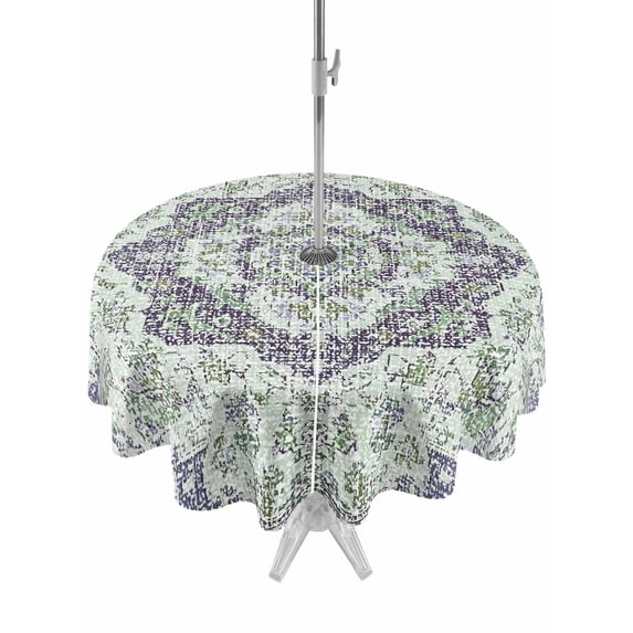 Outdoor Tablecloths with Umbrella Hole & Zipper, Green Purple Boho Round Tablecloths 60 Inch, Vintage Abstract Art Floral Ethnic Tribe Waterproof Table Cloth, Patio/Pool/Picnic Table Covers