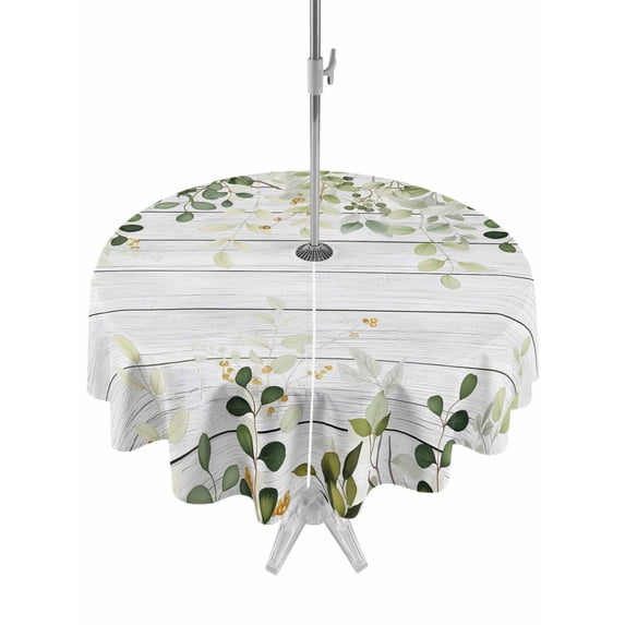 Outdoor Tablecloths with Umbrella Hole & Zipper, Green Round Tablecloths 60 Inch, Eucalyptus Leaves Waterproof Table Cloth, Patio/Pool/Picnic Table Covers