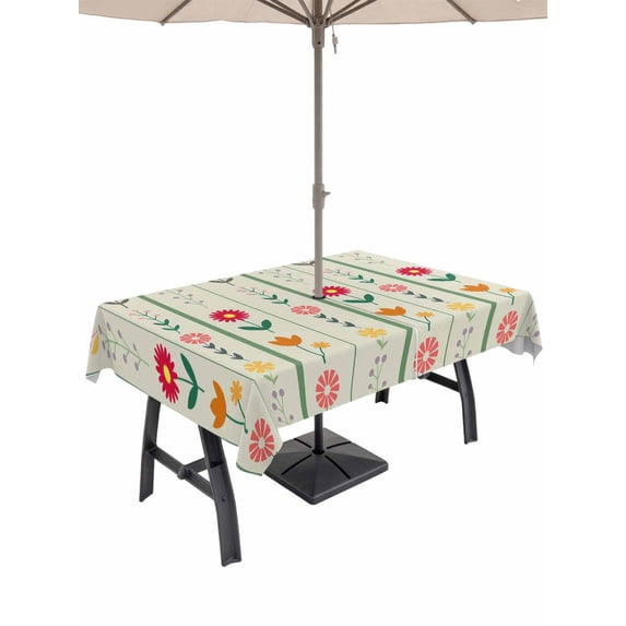 Outdoor Tablecloths with Umbrella Hole & Zipper, Green Spring Floral Rectangle Tablecloth 52x70 Inch, Colorful Summer Flowers Vintage Botanical Waterproof Table Cloth, Patio/Pool/Picnic Table Covers