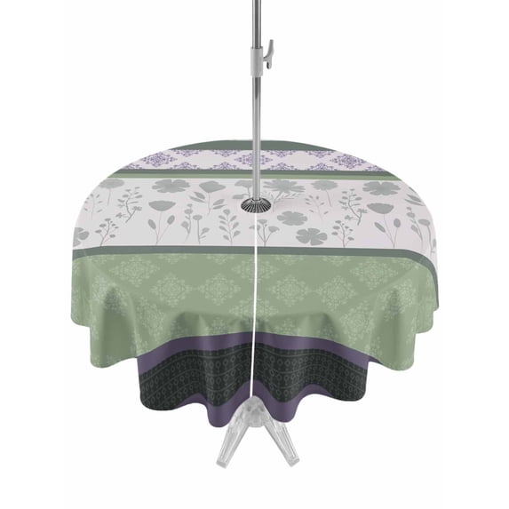 Outdoor Tablecloths with Umbrella Hole & Zipper, Green Stripes Abstract Round Tablecloth 54 Inch, Geometric Spring Flowers Rustic Waterproof Table Cloth, Patio/Pool/Picnic Table Covers
