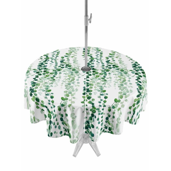 Outdoor Tablecloths with Umbrella Hole & Zipper, Green Weeping Eucalyptus Round Tablecloths 60 Inch, Spring Summer Country Leaves Waterproof Table Cloth, Patio/Pool/Picnic Table Covers