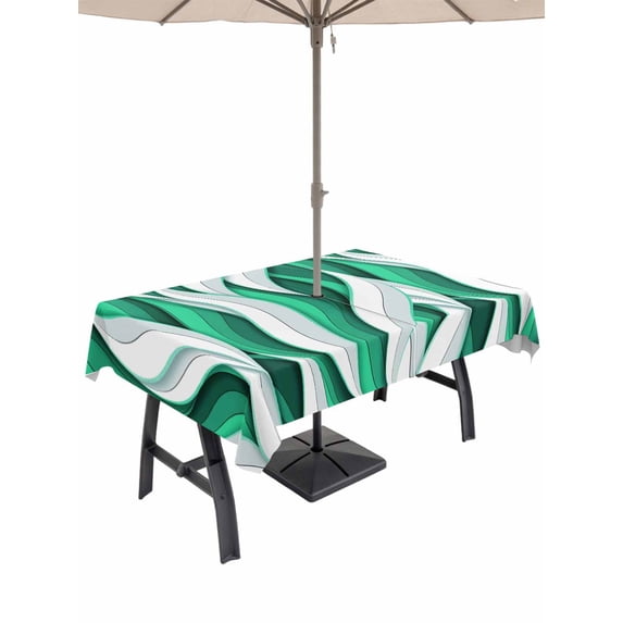 Outdoor Tablecloths with Umbrella Hole & Zipper, Green White Moire 60 x102 Inch Rectangle Tablecloths, Modern Abstract Art Waterproof Table Cloth, Patio/Pool/Picnic Table Covers
