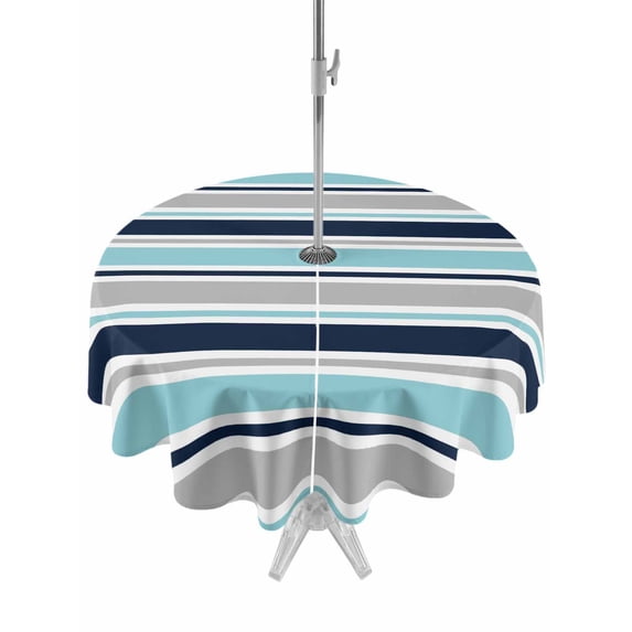Outdoor Tablecloths with Umbrella Hole & Zipper, Grey Blue Striped Round Tablecloth 54 Inch, Farmhouse Stripes Abstract Art Navy Blue Waterproof Table Cloth, Patio/Pool/Picnic Table Covers