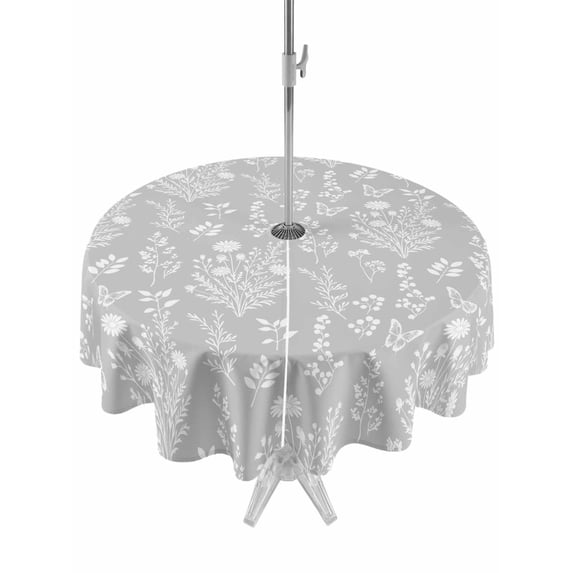 Outdoor Tablecloths with Umbrella Hole & Zipper, Grey Botanical Round Tablecloth 54 Inch, Spring Summer Chic Wildflowers Waterproof Table Cloth, Patio/Pool/Picnic Table Covers