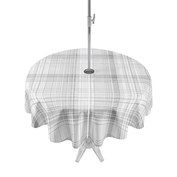 Outdoor Tablecloths with Umbrella Hole & Zipper, Grey Checkered Round Tablecloths 60 Inch, Summer Modern Minimalist Waterproof Table Cloth, Patio/Pool/Picnic Table Covers
