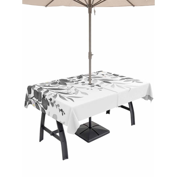 Outdoor Tablecloths with Umbrella Hole & Zipper, Grey Leaves Rectangle Tablecloth 52x70 Inch, Summer Botanical Waterproof Table Cloth, Patio/Pool/Picnic Table Covers
