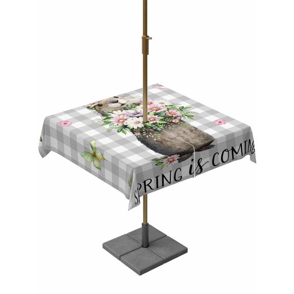 Outdoor Tablecloths with Umbrella Hole & Zipper, Grey Plaid Groundhog 54x54 Inch Square Tablecloths, Spring Floral Butterfly Botanical Waterproof Table Cloth, Patio/Pool/Picnic Table Covers