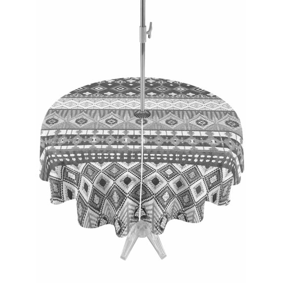 Outdoor Tablecloths with Umbrella Hole & Zipper, Grey White Boho Round Tablecloth 54 Inch, Vintage Ethnic Tribe Abstract Art Waterproof Table Cloth, Patio/Pool/Picnic Table Covers
