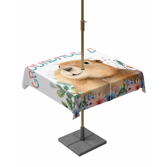 Outdoor Tablecloths with Umbrella Hole & Zipper, Ground Rat Flower Bushes Rustic Leaves 54x54 Inch Square Tablecloths, Happy Groundhog Day Waterproof Table Cloth, Patio/Pool/Picnic Table Covers