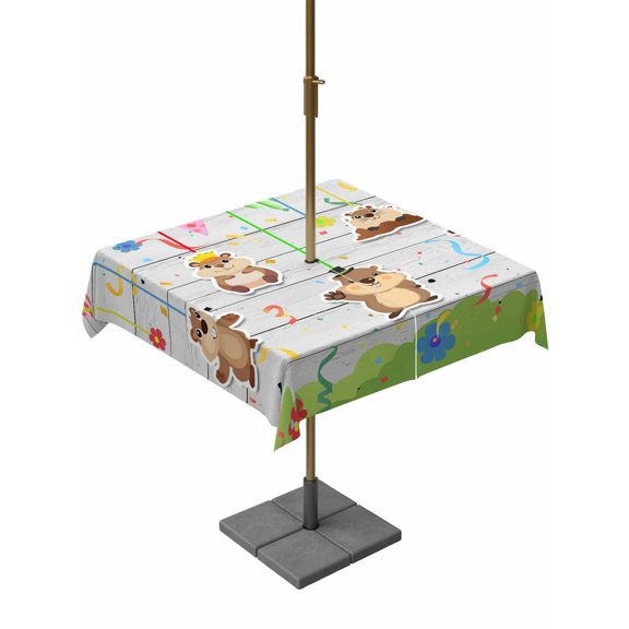 Outdoor Tablecloths with Umbrella Hole & Zipper, Groundhog Day 54x54 Inch Square Tablecloths, Colorful Ribbon Spring Vintage Waterproof Table Cloth, Patio/Pool/Picnic Table Covers