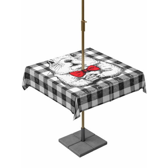 Outdoor Tablecloths with Umbrella Hole & Zipper, Groundhog Day 54x54 Inch Square Tablecloths, Red Bow Knot Black Checkered Waterproof Table Cloth, Patio/Pool/Picnic Table Covers