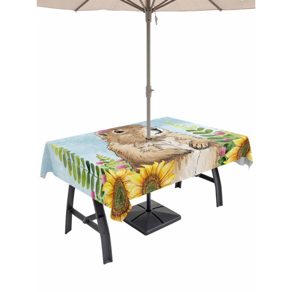 Outdoor Tablecloths with Umbrella Hole & Zipper, Groundhog Day 54x80 Inch Tablecloth Rectangle, Sunflower Spring Floral Botanical Blue Waterproof Table Cloth, Patio/Pool/Picnic Table Covers