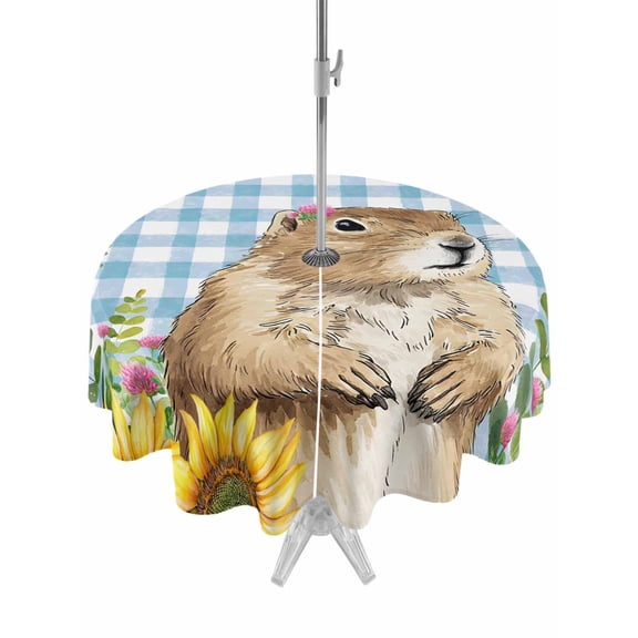 Outdoor Tablecloths with Umbrella Hole & Zipper, Groundhog Day Round Tablecloth 54 Inch, Blue Plaid Sunflower Spring Floral Waterproof Table Cloth, Patio/Pool/Picnic Table Covers