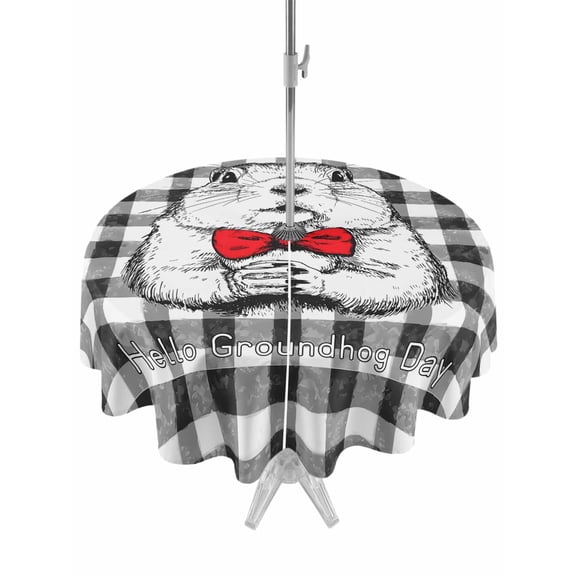 Outdoor Tablecloths with Umbrella Hole & Zipper, Groundhog Day Round Tablecloth 54 Inch, Red Bow Knot Black Checkered Waterproof Table Cloth, Patio/Pool/Picnic Table Covers