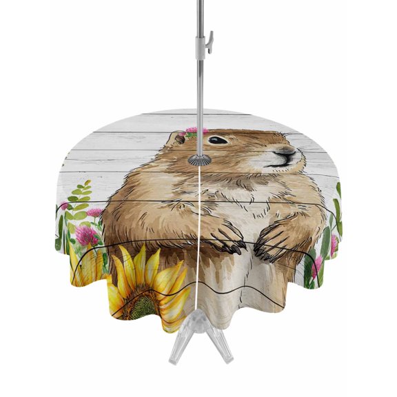 Outdoor Tablecloths with Umbrella Hole & Zipper, Groundhog Day Round Tablecloth 54 Inch, Sunflower Spring Floral Botanical Vintage Waterproof Table Cloth, Patio/Pool/Picnic Table Covers