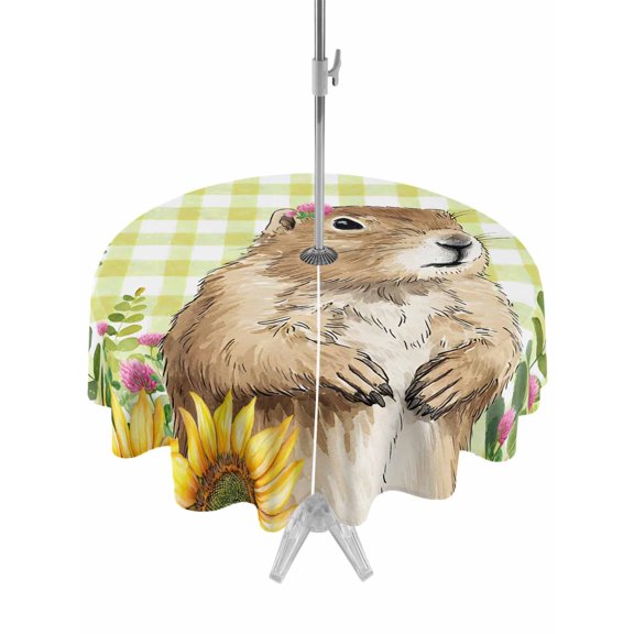 Outdoor Tablecloths with Umbrella Hole & Zipper, Groundhog Day Round Tablecloth 54 Inch, Yellow Plaid Sunflower Spring Floral Waterproof Table Cloth, Patio/Pool/Picnic Table Covers