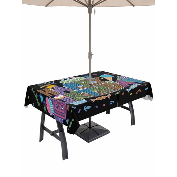 Outdoor Tablecloths with Umbrella Hole & Zipper, HAPPY BIRTHDAY Rectangle Tablecloth 60x120 Inch, Cartoon Cakes Candles Lines Painted Waterproof Table Cloth, Patio/Pool/Picnic Table Covers