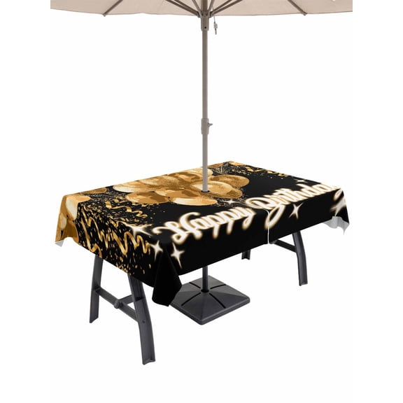 Outdoor Tablecloths with Umbrella Hole & Zipper, Happy Birthday Rectangle Tablecloth 60x120 Inch, Golden Balloons Ribbons Abstract Black Waterproof Table Cloth, Patio/Pool/Picnic Table Covers