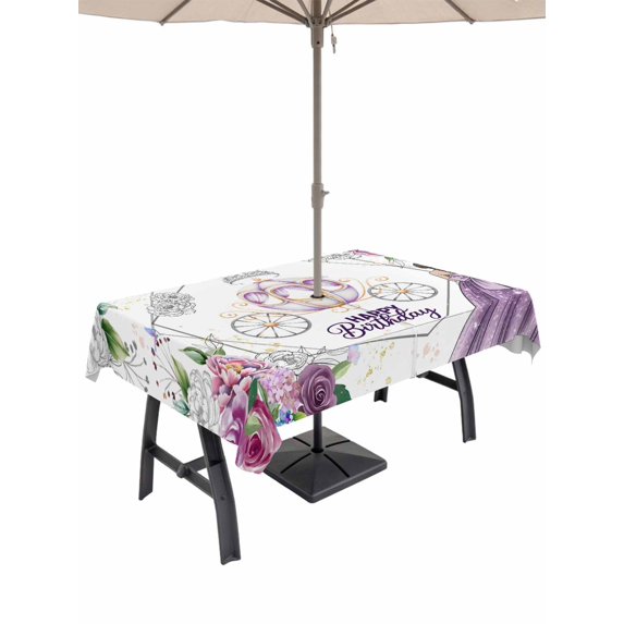 Outdoor Tablecloths with Umbrella Hole & Zipper, Happy Birthday Rectangle Tablecloth 60x120 Inch, Gradient Purple Dress Crown Carriage Flowers Waterproof Table Cloth, Patio/Pool/Picnic Table Covers
