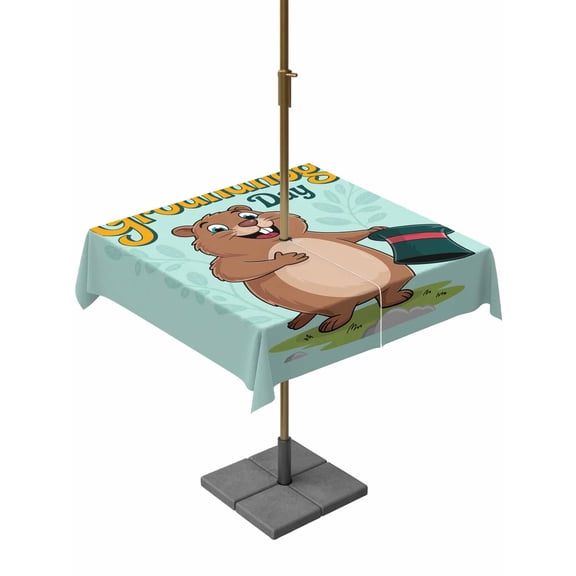 Outdoor Tablecloths with Umbrella Hole & Zipper, Happy Groundhog Day 54x54 Inch Square Tablecloths, Green Hat Spring Animals Mint Green Waterproof Table Cloth, Patio/Pool/Picnic Table Covers