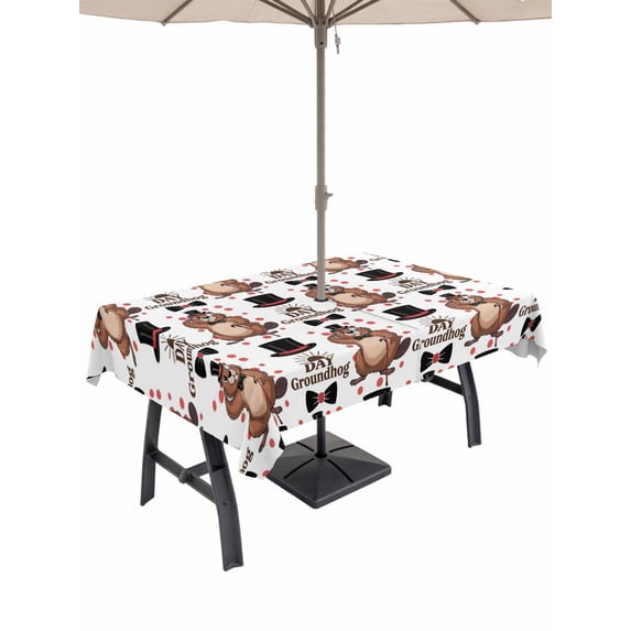 Outdoor Tablecloths with Umbrella Hole & Zipper, Happy Groundhog Day 54x80 Inch Tablecloth Rectangle, Vintage Cartoon Black Hat Groundhog Waterproof Table Cloth, Patio/Pool/Picnic Table Covers