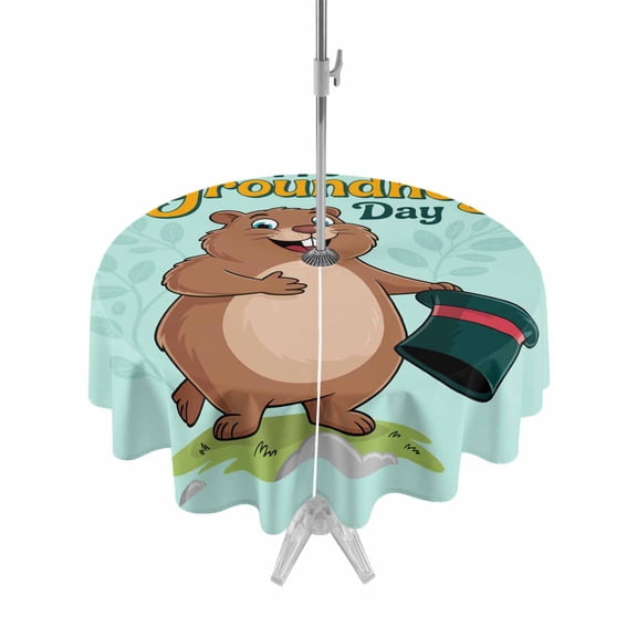 Outdoor Tablecloths with Umbrella Hole & Zipper, Happy Groundhog Day Round Tablecloth 54 Inch, Green Hat Spring Animals Mint Green Waterproof Table Cloth, Patio/Pool/Picnic Table Covers