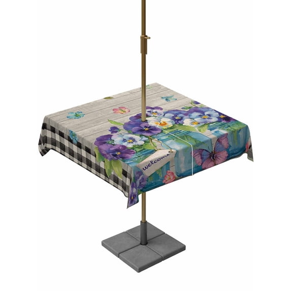 Outdoor Tablecloths with Umbrella Hole & Zipper, Hello Spring 54x54 Inch Square Tablecloths, Pastoral Purple Bottle Floral Wooden Plaid Waterproof Table Cloth, Patio/Pool/Picnic Table Covers