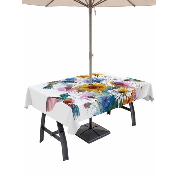 Outdoor Tablecloths with Umbrella Hole & Zipper, Hummingbird Rectangle Tablecloth 60x120 Inch, Spring Farmhouse Oil Painting Sunflowers Waterproof Table Cloth, Patio/Pool/Picnic Table Covers