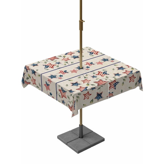 Outdoor Tablecloths with Umbrella Hole & Zipper, Independence Day 54x54 Inch Square Tablecloths, 4th of July Red Blue Stripes Star Burlap Waterproof Table Cloth, Patio/Pool/Picnic Table Covers